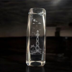 Lighthouse Island Palm Tree 3D Laser Etched Solid Glass Crystal Paperweight